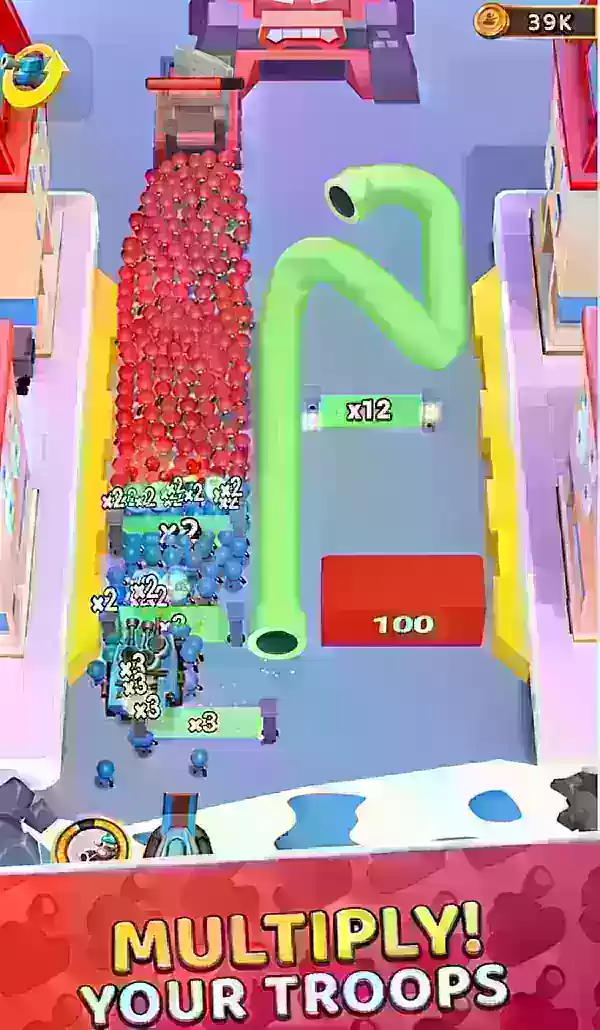 สกรีนช็อต Grunt Rush แสดงให้เห็นว่าหน่วยสีน้ำเงินกำลังผ่านประตูตัวทวีคูณ