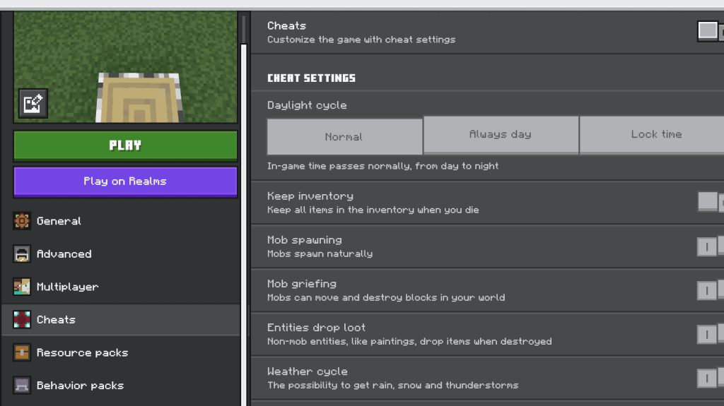 Edisi Bedrock Skrin Minecraft Cheats