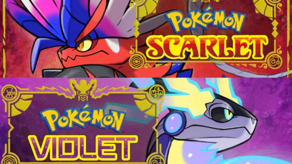 Cover Art cho Pokémon Scarlet và Pokémon Violet, có Koraidon và Miradon cũng như logo trò chơi