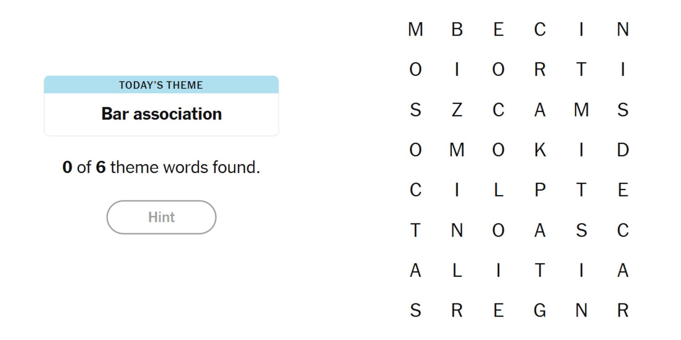 Strands puzzle grid with the clue 'Bar Association'