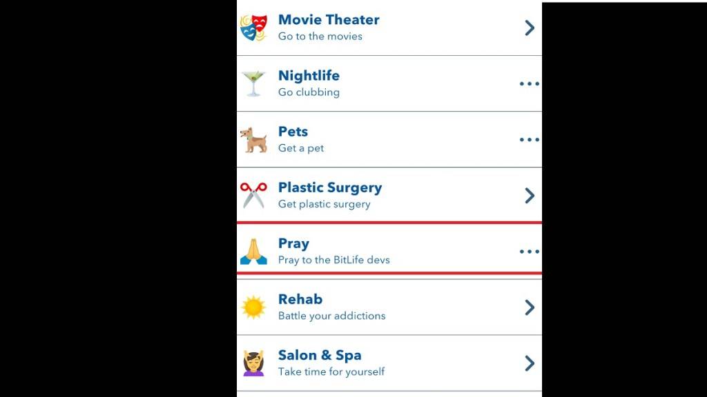 Opcja modlitwy w menu aktywności bitlife