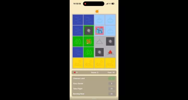 Screenshot der Gameplay -Fliesen von Eldermyth, die seine unterschiedlichen Mechanik zeigt
